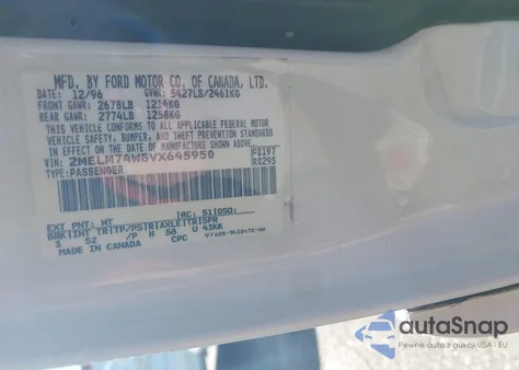 1997 Mercury Grand Marquis Gs z USA, uszkodzony, nr VIN 2MELM74W8VX645950